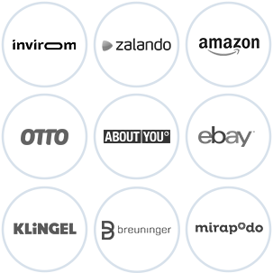 Amazon, Breuninger, Zalando, Ebay, OTTO, Inviroom, About You, Klingel, Mirapodo