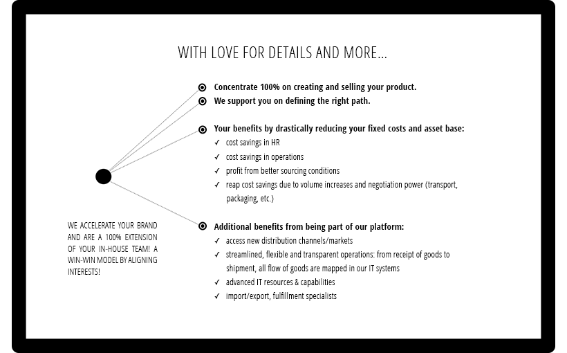 WITH A LOVE FOR DETAILS AND MORE… WE ACCELERATE YOUR BRAND AND ARE A 100% EXTENSION OF YOUR IN-HOUSE TEAM! WE OFFER A WIN-WIN MODEL BY ALIGNING INTERESTS! Concentrate 100% on creating and selling your product. We support you in defining the right path. You benefit by drastically reducing your fixed costs and asset base: Cost savings in HR, cost savings in operations, profit from better sourcing conditions, cost savings due to volume increases and negotiation power (transport, packaging, etc.). Additional benefits of being part of our platform: Access to new distribution channels / markets, streamlined, flexible and transparent operations: from receipt of goods to shipment, all flow of goods are mapped in our IT systems, advanced IT resources & capabilities, import / export and fulfilment specialists.
